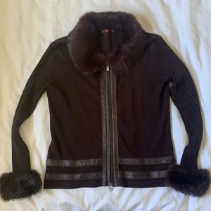 Belldini brown natural fur removable collar/cuffs leather trim zip cardigan EUC